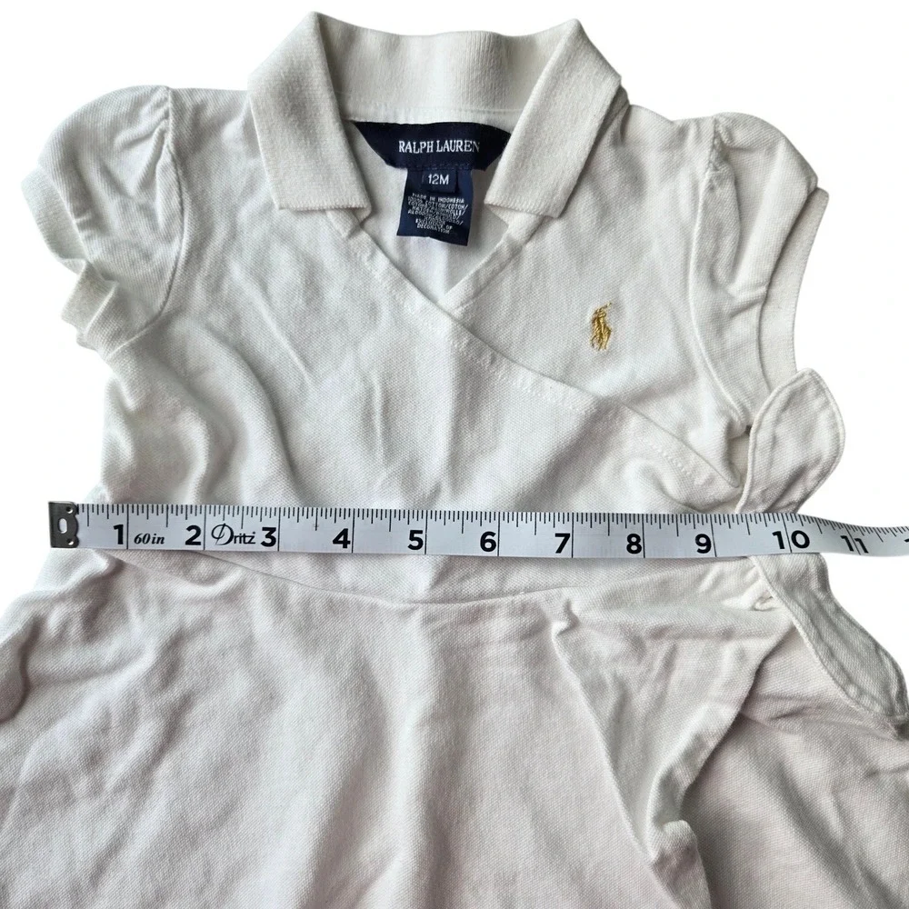 Ralph Lauren Baby Girls White Cotton Pique Wrap Polo Dress Gold Pony Logo 12M